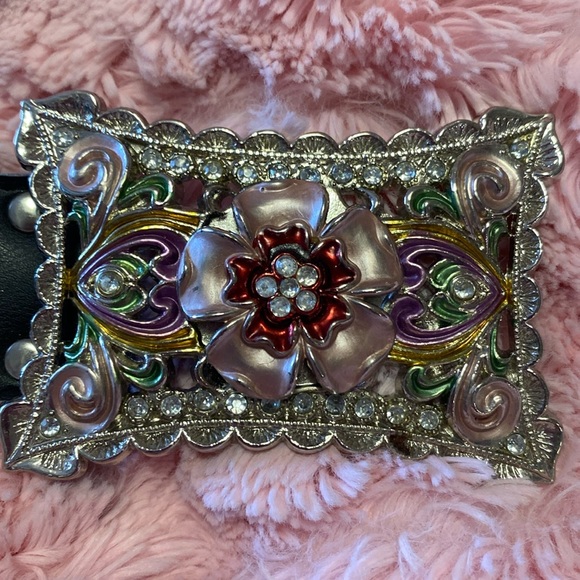 VINTAGE BELT Silver Metal Armor Belt with Flower & Rhinestone Buckle - Picture 1 of 5